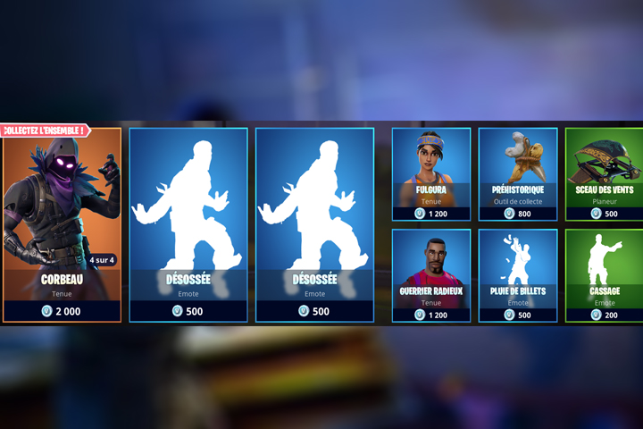 Boutique Fortnite 7 mai avec skin Corbeau et Fulgura
